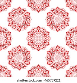 Vector Red Seamless Mandala Pattern over white background. Seamless pattern for your wrapped projects. Pattern in swatches panel.