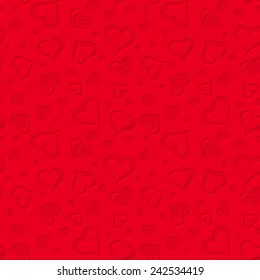 Vector red seamless pattern with embossed hearts.