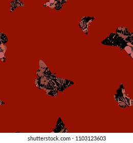 Vector red  seamless pattern with flowers and butterflies