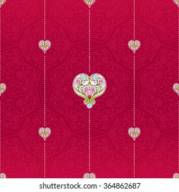 Vector red seamless pattern with ornate hearts. Vintage design element in Eastern style. Ornamental lace tracery. Floral oriental ornament for wallpaper. Traditional decor on red background.