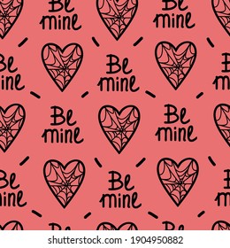 vector red seamless witch pattern with hearts in spider web and lettering be mine
