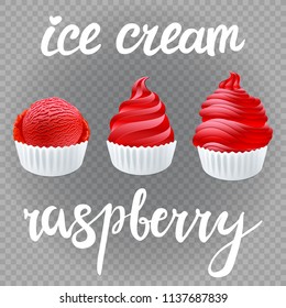 vector red Set of Ice cream scoops poster design with creme Fresh Frozen raspberry popsicle isolated on transparent background art