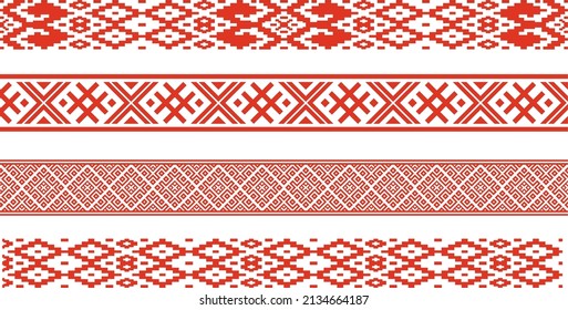 Vector red set of seamless belarusian national ornament. Ethnic pattern of Slavic peoples, Russian, Ukrainian, Serb, Pole, Bulgarian. Cross stitch template.
