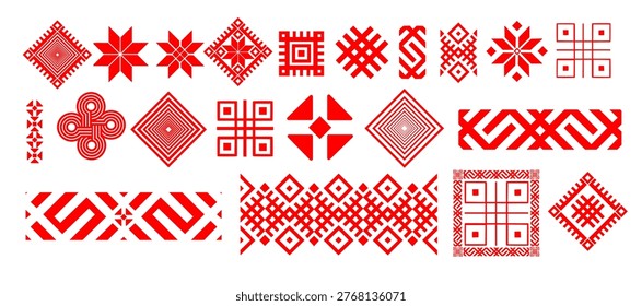 Vector red set of seamless belarusian national ornament. Ethnic pattern of Slavic peoples, Russian, Ukrainian, Serb, Pole, Bulgarian. Cross stitch template.