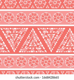 Vector red shibori triangle and octagon stripes abstract seamless pattern. Suitable for textile, gift wrap and wallpaper.