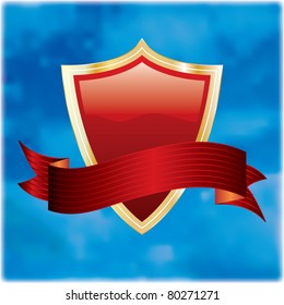 vector red shield with banner on cloudy sky