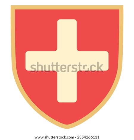 Vector red shield. Protection shield concept security label safety badge icon. Flat shield and plus sign illustration isolated on background