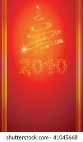 Vector red shining Christmas background with 2010 and Christmas tree from stars on the sky (from my "Christmas collection")
