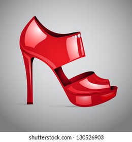 Vector red shiny shoe with diamonds on grey gradient background