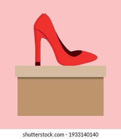 Vektorrote Schuhe auf einem Karton. flaches Bild von Frauenschuhen mit langen Absätzen. der Schuh ist auf einem braunen Karton
