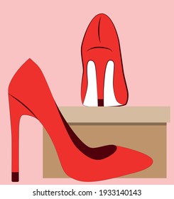 zapatos rojos vectoriales en una caja de cartón. imagen plana de un par de zapatos de mujer con tacones largos. pie de zapatos en una caja de cartón marrón