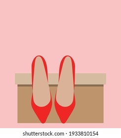 vector red shoes on a cardboard box. flat image of a pair of women's shoes with long heels. shoes stand on a brown cardboard box