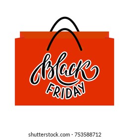 Vector Red Shopping Bag with Black Friday text. Autumn sale poster with Black friday text. Sale poster, banner. Shopping bag EPS 10