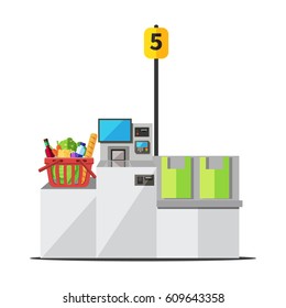 Vector Red Shopping Basket Full Of Grocery Standing On A Grey Metal Self Checkout Machine With Cash And Card Payment, And Bagging Area