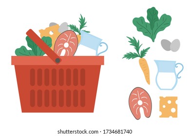 Vector red shopping basket with products icon isolated on white background. Plastic shop cart with vegetables, fish, dairy milk products. Healthy food illustration