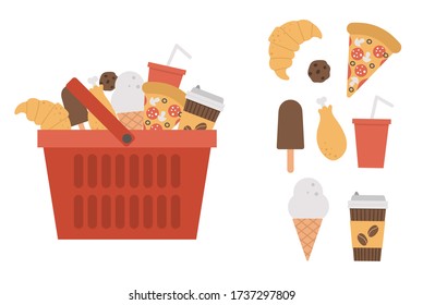 Vector red shopping basket with products icon isolated on white background. Plastic shop cart with sweets, pastry and fast food. Unhealthy ingredients illustration