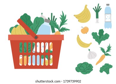 Vector roter Warenkorb mit Produktsymbol isoliert auf weißem Hintergrund. Plastikladenkarren mit Gemüse, Obst, Wasser. Darstellung gesunder Lebensmittel
