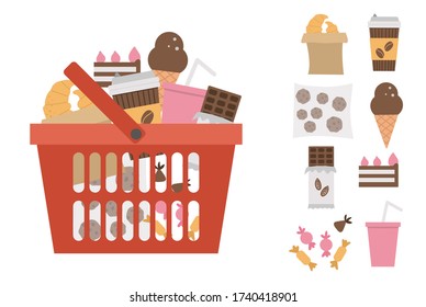 Vector red shopping basket with products icon isolated on white background. Plastic shop cart with sweets and pastry. Unhealthy food illustration
