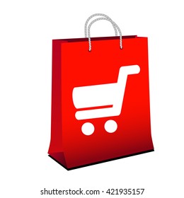 Vector red shopping paper bag with simple white symbol of shopping cart - trolley. Item, button on web page.
