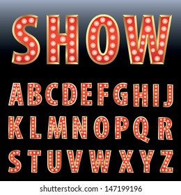 vector red show business alphabet with bulb lamps 