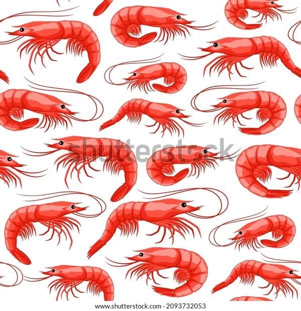 Vector red shrimps seamless pattern,\
seafood background, prawn\
illustrations