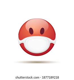 Etiqueta Emoji roja vectorial enferma con máscara de protección médica de boca aislada en el fondo blanco. Sonreiré al personaje de la cara con máscara de cirujano blanco. Icono o ilustración de concepto de autoaislamiento