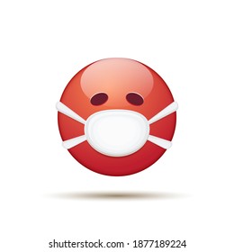 Vector red sick Emoji sticker with mouth medical protection mask isolated on white background. Ill smile face character with white surgeon mask. Self isolation concept ilustration or icon
