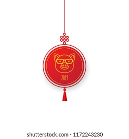 Vector red sign with a illustration of head kawaii porky, symbol of 2019 on the Chinese calendar. Isolated on white background. Yellow Earthy Pig. Element for New Year's design.