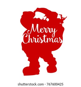 vector red silhouette of santa clause with a bag of gift, picture isolated on white background, merry christmas