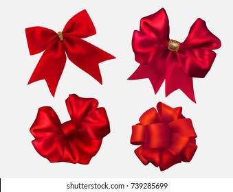 Vector red silk bow set, different gift bows isolated on white background decorative element for your design 