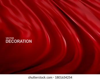 Vector Red silk fabric background. Realistic, 3D  Luxurious R Abstract, Decorative backdrop with soft waves of satin drapery. Template for design, poster, banner.