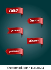 Colección de etiquetas de cinta sedosa roja vectorial. Nueva, venta grande, prima, descuento, garantía
