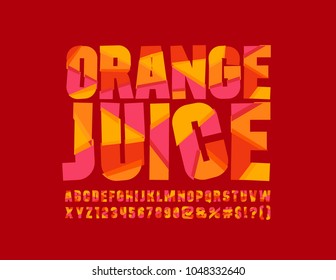 Vector Red sliced Orange Juice logotype. Bright mosaic Font. Colorful creative Alphabet Letters, Numbers and Symbols