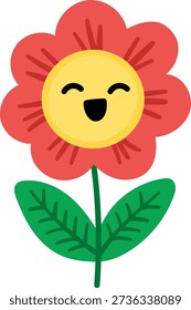 Vector red smiling flower icon. Blooming plant illustration. Floral clipart. Cute summer, garden or Easter village bloom isolated on white background
