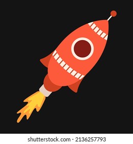 Vector red spacecraft with rocket fire. Spaceship flying in space.