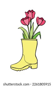 Vector red spring tulips flowers in yellow rubber rain boot. Cute seasonal spring floral illustration. Shoes as vase. Hand drawn design elements, clip art in doodle flat style, isolated.