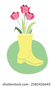 Vector red spring tulips flowers in yellow rubber rain boot. Cute seasonal spring floral illustration. Shoes as vase. Hand drawn design elements, clip art in flat style, isolated