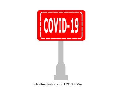 vector red square sign covid 19 on pole isolated on white background . 