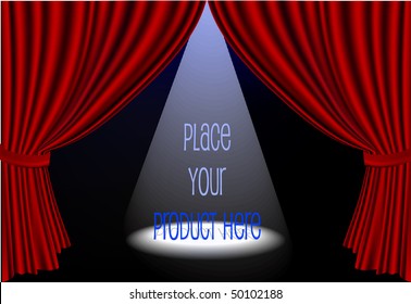 Vector red stage curtains open with spot light on center stage