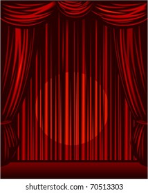 Vector red stage curtains open with spot light on the center