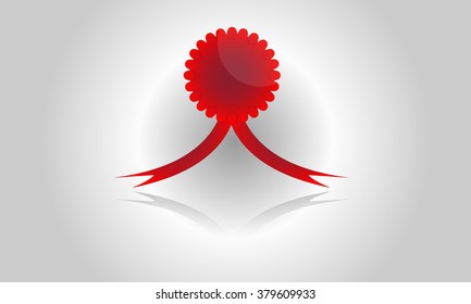 Vector red stamp, logo or award. Ribbons with rounded badge. 