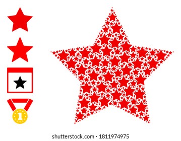 Vector red star composition is made with random recursive red star icons. Recursive composition of red star. Some other icons are present in this vector.