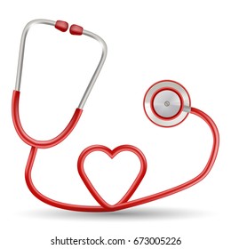 Vector Red Stethoscope In Shape Of Heart Isolated On A White Background. Realistic Vector Illustration.