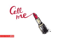 Vector Red Stick With Motivational Text: Call Me. Fashion Accessory Illustration In Glamour Style For Beauty Salon, Shop, Blog Print. Isolated Symbol On White Background.