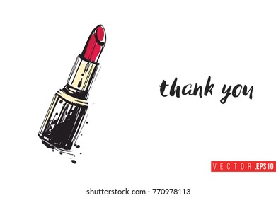 Vector red stick with motivational text: thank you. Fashion accessory illustration in glamour style for beauty salon, shop, blog print. Isolated symbol on white background.