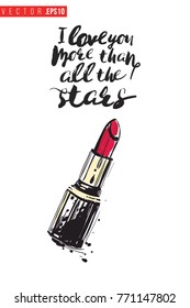 Vector red stick with motivational text: i love you more than all the stars. Fashion accessory illustration in glamour style for beauty salon, shop, blog print. Isolated symbol on white background.