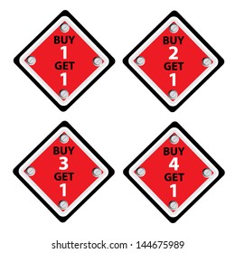 Vector : Red Sticker or Label For Marketing Campaign, Buy 1 Get 1 Free, Buy 2 Get 1 Free, Buy 3 Get 1 Free and Buy 4 Get 1 Free.