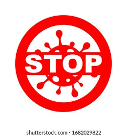 Vector red stoppage sign with white virus inside and black inscription Stop, prohibition symbol with coronavirus, covid-19, Stop Virus logo, isolated Stop Coronavirus symbol, cessation flu