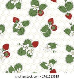 Vector Red Strawberries with Green Leaves and White Blooms on White Background Seamless Repeat Pattern. Background for textiles, cards, manufacturing, wallpapers, print, gift wrap and scrapbooking.