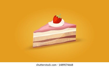 Vector Red Strawberry and cream on cake. Flat pink cake. Strawberry and cream on cake illustration. 
